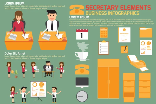 Elementen van secretaris op werk infographics. vectorillustratie. — Stockvector