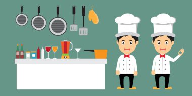 mutfak simgeleri ile karikatür şef karakter komik, vektör i