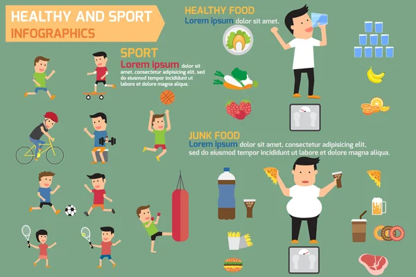 Elementos de infografías saludables y deportivas con comida saludable y ju — Vector de stock