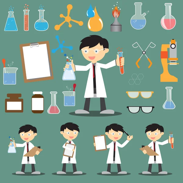 Cientista de profissão com elementos de ícone de equipamentos de laboratório —  Vetores de Stock