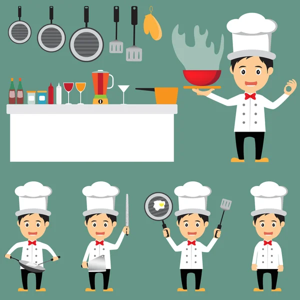 Divertido personaje de chef de dibujos animados con iconos de utensilios de cocina, vector i — Vector de stock