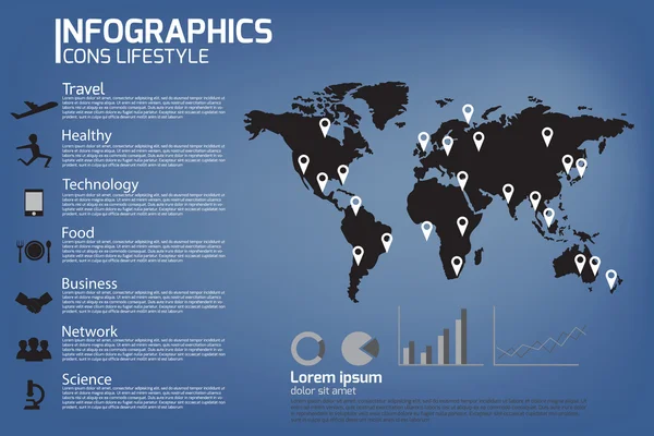 Ikonen livsstil med världskarta, infographics vektor. — Stock vektor