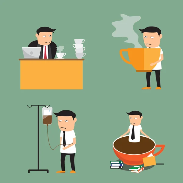 Éléments de dépendance au café. homme d'affaires besoin de plus de café, vecteur — Image vectorielle