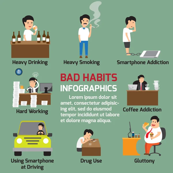 Popüler kötü alışkanlıkları infographics öğeleri. Alkol içme, uyuşturucu