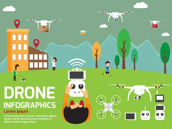 Modern air drones Infographic elements with control man. vector — Stock Vector