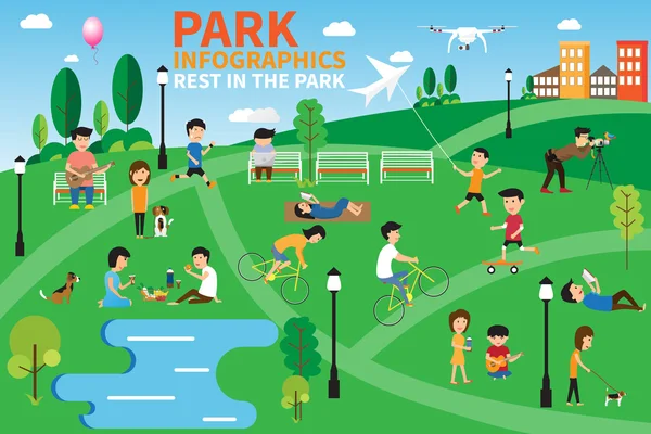 Ruhe im Park Infografik Elemente, Menschen, die Aktivitäten haben — Stockvektor