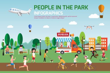 Park Infographic öğeleri düz vektör tasarım içinde bekletin. İnsanlar