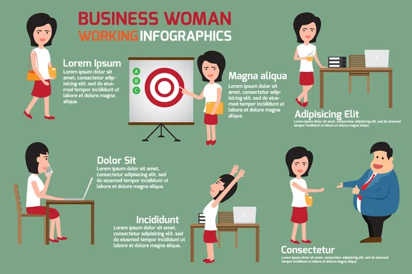 Affärskvinna på arbete infographics. kvinnliga företagare eller kontor per — Stock vektor