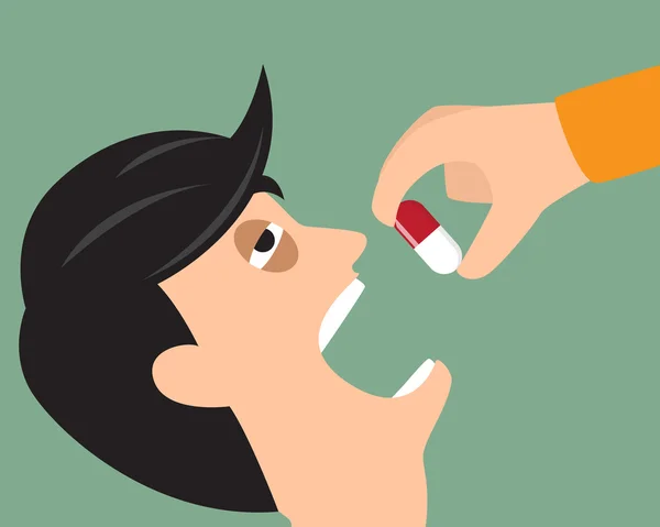 Toma o teu conceito de medicina. A pessoa coloca o comprimido na boca. vetor — Vetor de Stock