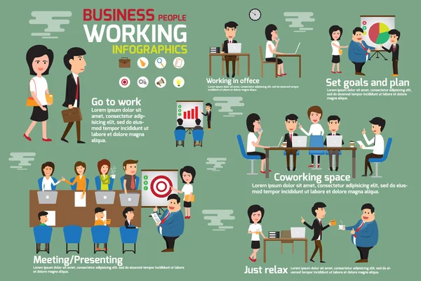 Business people working infographics elements. Story business ma — Stock Vector