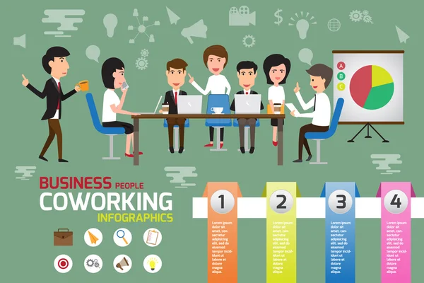 Coworking-Infografik-Elemente, arbeitende Geschäftsleute — Stockvektor