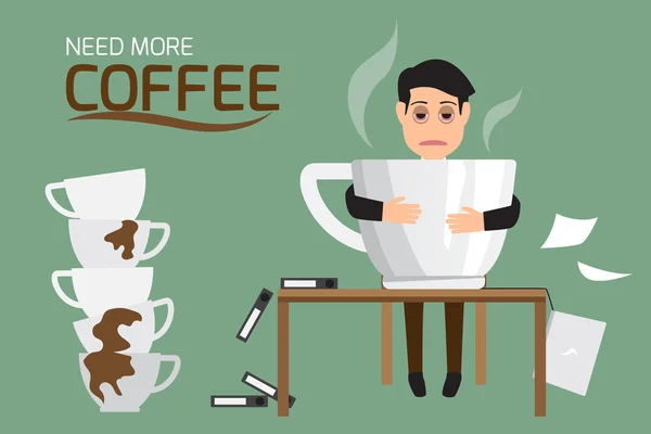 Geschäftsmann müde und faul trinken Kaffee wegen Schläfrigkeit ne — Stockvektor