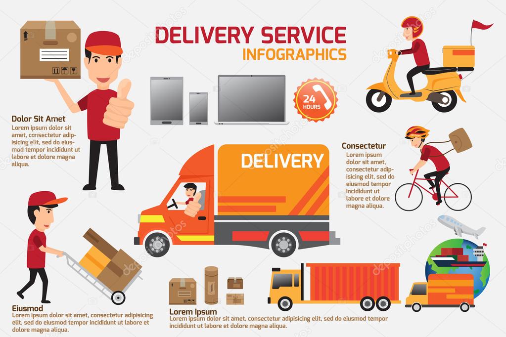 Delivery service infographics elements. Detail of people in unif