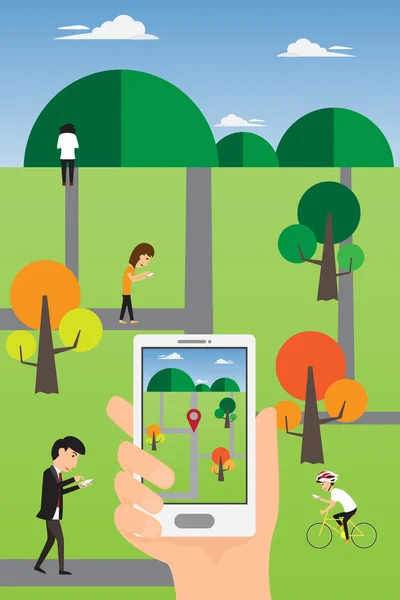 Les gens main à l'aide d'un téléphone intelligent pour jouer une géolocalisation en ligne ga — Image vectorielle