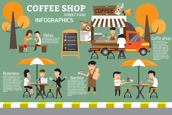 거리 infographics에 커피 식품 트럭입니다. 사람들의 휴식과 휴식 — 스톡 벡터