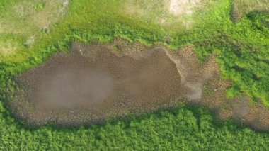 İklim değişikliği konseptinin hava görüntüsü B rulosu. Kuru göl ve iklim değişikliği üzerinde uçan sinek dronu. Nehrin kuraklığına küresel ısınma neden oldu. Kamera B, 4k sahnesi..