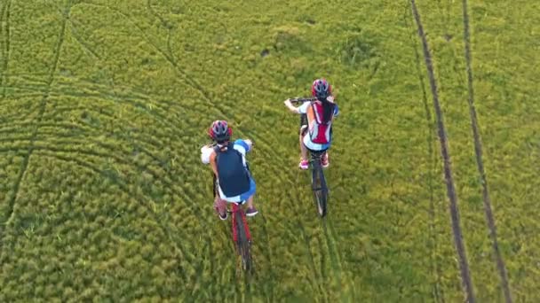 Кадр Запись Вид Воздуха Дрон Отслеживающий Молодых Людей Велосипедах Лугу — стоковое видео