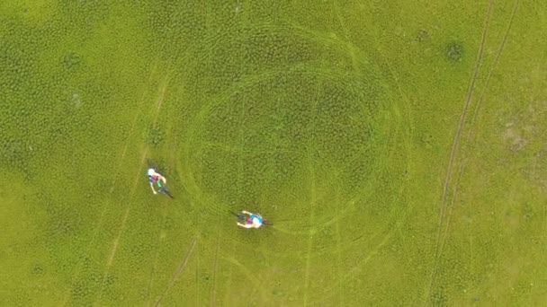 影像B卷4K 航景无人机跟踪年轻人骑自行车在草地上 爱夫妻一起骑自行车在绿色草坪上 空中无人机的视野 健康生活方式概念 — 图库视频影像