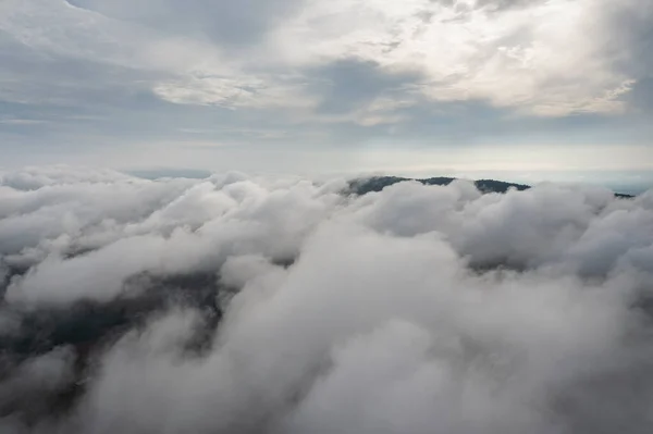 Aerial View Sunrise Beautiful Sky Fog Clouds Fantastic Foggy Landscape — Stock Photo, Image