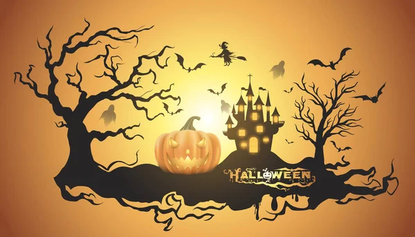 Feliz Fundo Halloween Com Fantasma Abóbora Casa Assombrada Com Lua —  Vetores de Stock