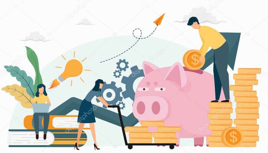 Concept of Money investment with a man putting money into piggy bank. Flat landing page template. Business and finance, saving money theme. Vector illustration.