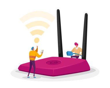 Kablosuz bağlantı, Modern Teknoloji Konsepti. Minik Erkek Karakterler Yerleştirildi ve Wifi Yönlendiricisi Kullan. İnsanlar internette sörf yapıyor