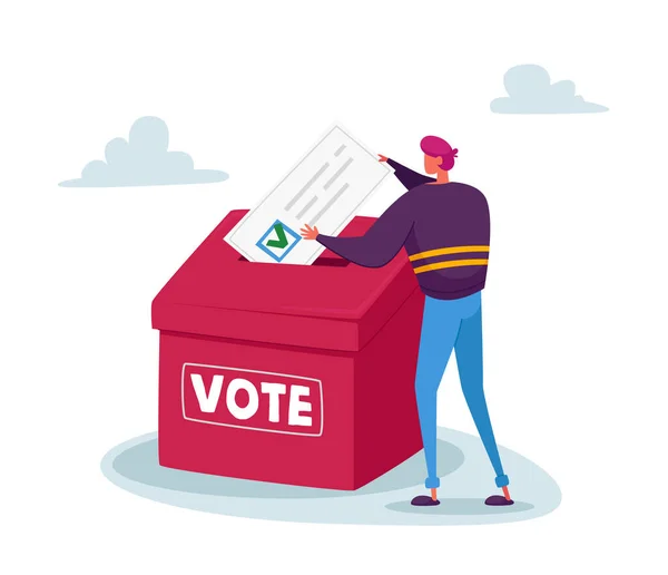 Az ember nagy papír szavazólapot tett zöld kullanccsal a dobozba. Szavazás, választás vagy társadalmi közvélemény-kutatás. Apró szavazólapok — Stock Vector