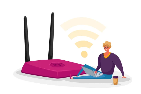 Piccolo personaggio maschile con computer portatile e tazza di caffè seduto a Huge Wifi Router utilizzando il concetto di connessione Internet wireless — Vettoriale Stock