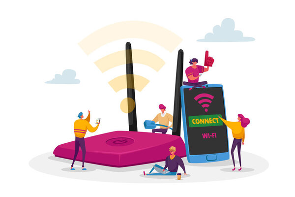 Крошечные мужские и женские персонажи на огромном маршрутизаторе используют Интернет на ноутбуке и смартфоне через беспроводное соединение Wi-Fi