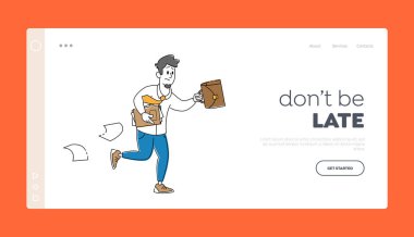 Stresli İş Adamı Geç İniş Sayfa Şablonu. İş Adamı Karakteri Evrak ve Evraklarla Çalışırken Acele Et