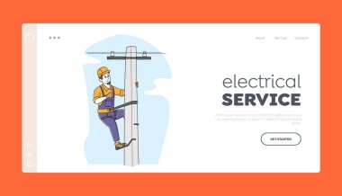 Enerji Gücü ya da Elektrik Hattı Kutup İniş Şablonu. Elektrikçi İşçi Karakteri Elektrik Kulesine Tırmanıyor