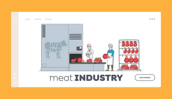 Plantilla de página de aterrizaje de fabricación de fábrica de carne. Los empleados controlan la calidad de la producción, el corte de carne yaciendo en el transportador — Archivo Imágenes Vectoriales