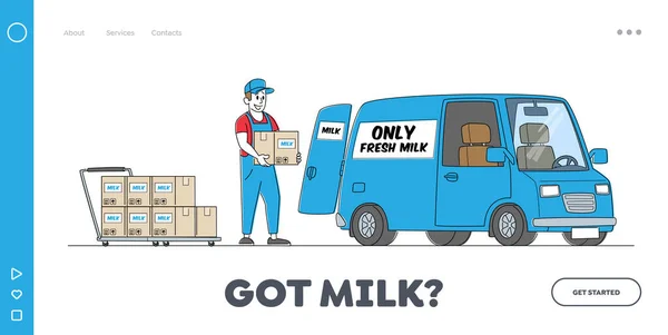 Dairy Food Delivery Service Landing Page Template (em inglês). Empresa Entregando Leite de Carro. Trabalhador masculino Caráter Pacotes de carga —  Vetores de Stock