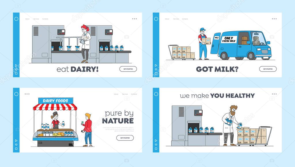 Dairy Production Manufacturing on Plant Landing Page Template Set. Factory Worker Characters at Conveyor Belt with Milk