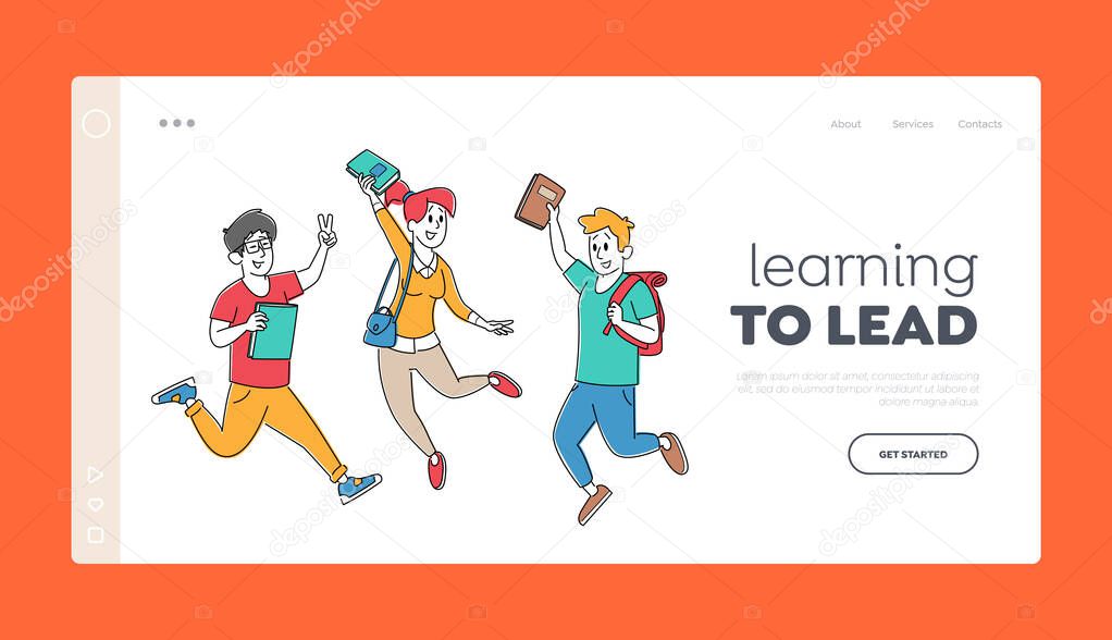 Happy Classmates Jump Landing Page Template. Adult Pupils Characters with Backpacks Rejoice with Hands Up Jumping
