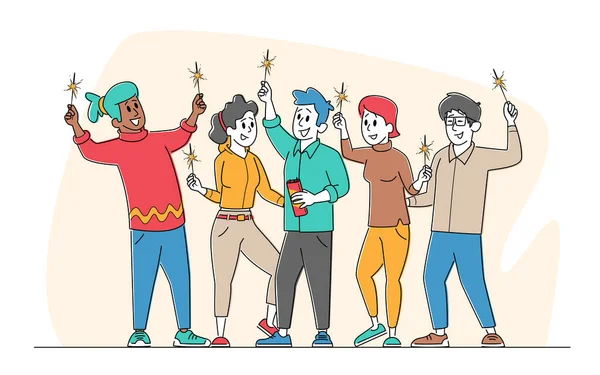 Pessoas com Sparklers Comemorar Férias, Conceito da Amizade. Grupo de alegres personagens felizes se alegram com as mãos para cima — Vetor de Stock