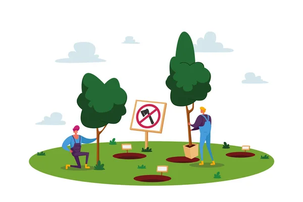 Personaggi maschili piantare piantine e alberi nel terreno in giardino, salvare il mondo, concetto di rimboschimento. Natura, Ambiente — Vettoriale Stock