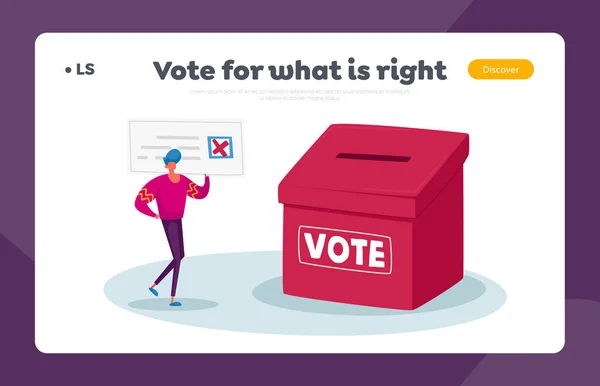 Oy, Seçim ve Sosyal Anket İniş Şablonu. Oy Verirken Oy Veren Küçük Seçmen Oy Veriyor — Stok Vektör