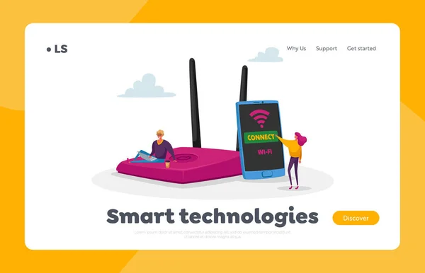 Wifi Wireless Connection Landing Page Template Сучасна мережева технологія, безкоштовна Wi-fi гаряча точка. Крихітні персонажі на вулиці — стоковий вектор