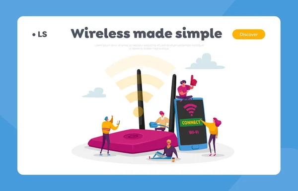 Tecnologia de rede, Free Wi-fi Hotspot Landing Page Template. Personagens minúsculos no Roteador Enorme usam Internet via Wifi —  Vetores de Stock