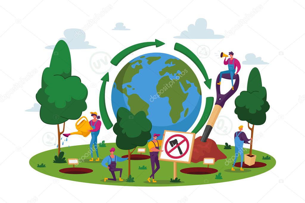 World Environment Day, Reforestation, People Characters Planting Seedlings and Growing Trees into Soil Working in Garden