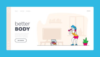 Sağlıklı Yaşam Tarzı İniş Sayfa Şablonu. Tablet PC 'nin Evinde Spor Kadın Eğitimi. Kadın Karakter Uygunluğu