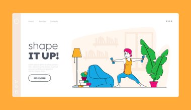 Sportswoman Dambıl İniş Sayfa Şablonu ile egzersiz yapıyor. Evde Ağırlıkla Spor Giyimi Çalışmasında Kadın Karakteri