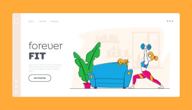 Spor ve Aktif Sağlıklı Yaşam İniş Sayfa Şablonu. Genç Sporcu Kadın, Dumbbell 'la Evde Spor Giyiyor