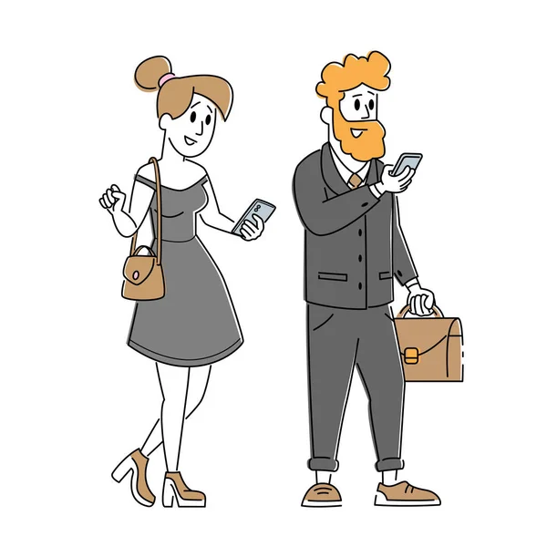 Jóképű felnőtt pár, irodai dolgozók vagy üzleti karakterek Férfi és nő viselő formális öltöny holding táskák — Stock Vector