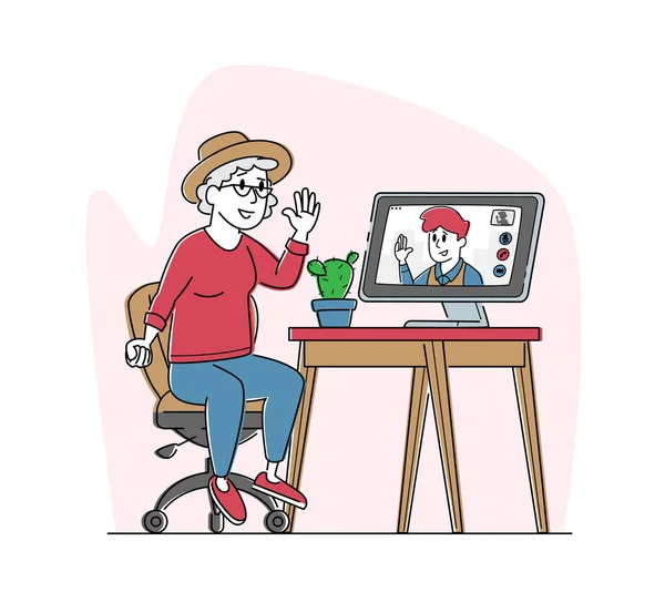 Videokommunikation för äldre. Senior Lady med vitt hår Sitter på stol Kommunicera på Internet via dator — Stock vektor