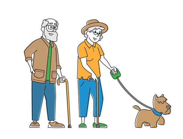 "Пожилая пара гуляет с собакой". Мужчины и женщины старшего возраста, гуляющие с домашними животными, проводящие время на свежем воздухе — стоковый вектор