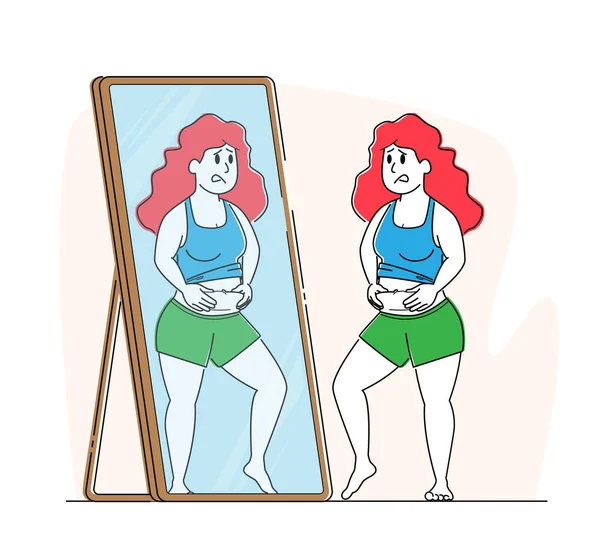 Body Rejection Concept. Plus Size Female Character with Low Self-esteem Looking at Mirror Dissatisfied with her Figure — Stock Vector