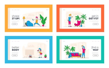 Dambıllar İniş Sayfa Şablonu ile Spor Kadınları Egzersizi. Spor Giyiminde Ağırlık Çalışmasında Kadın Karakterler