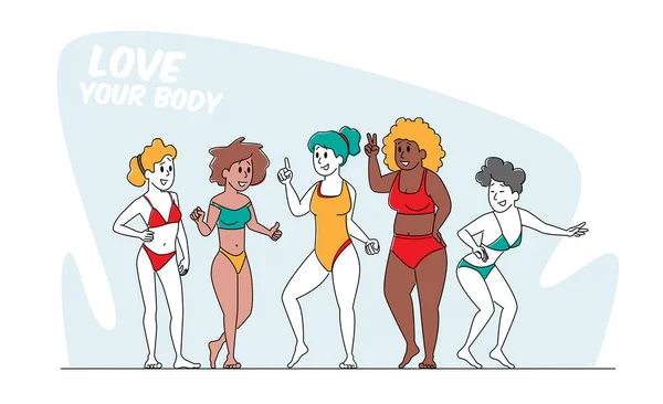 Gelukkige multiraciale, multiculturele meisjes karakters van verschillende leeftijden, grootte en etniciteit in zwempakken, lichaam positief — Stockvector